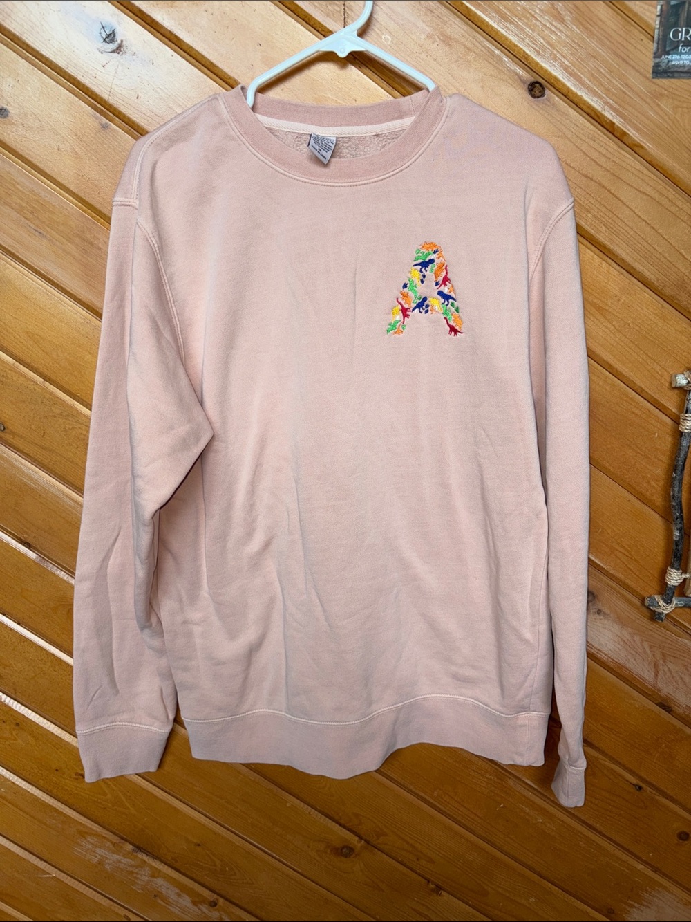 Light Pink Crewneck Sweatshirt with Dinosaur 'A' Embroidery